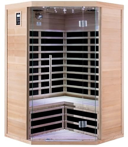 SNÖ Sauna Infrarouge d'Angle 3 Places 2180W | Bois Hemlock du Canada, Panneaux Carbone, Bluetooth | Chromothérapie, Façade Vitrée, Température Réglable