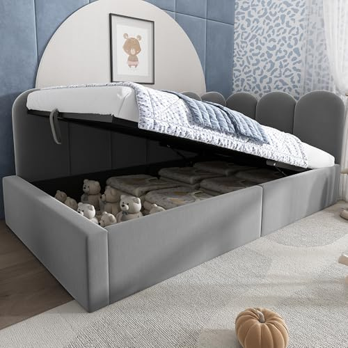 VIEKOS Polsterbett Daybett 90x200cm,Tagesbett Schlafsofa mit hydraulischem Stauraum, Kinderbett mit Metall-Lattenrost, Samt,Grau, ohne Matratze