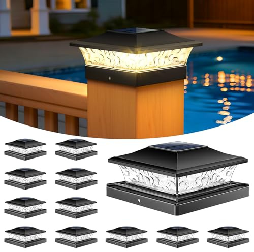 NIORSUN Solar Pfostenleuchte 12 Stück, Solar Pfostenkappe für 9*9 10x10 12*12cm usw. Holz/Vinyl Pfosten, IP64 Wasserdicht, Warm-/Kaltweißes Licht, Solarlampen für Zaunpfosten, Terrasse, Garten Deko