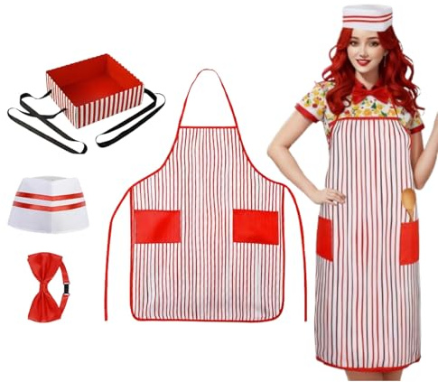 Generisch Disfraz de palomitas de maíz para mujer, 3 piezas, disfraz de vendedor de palomitas de maíz, delantal rojo y blanco, a rayas, con gorro, pajarita de los años 50, disfraz para carnaval