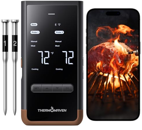 ThermoMaven Kabelloses Bluetooth-Smart-Fleischthermometer: Basisstation, WLAN-Thermometer Mit Sub-1G, 6 Sensoren, NIST-Genaue Messung, 7 Sonden, Für Grill, BBQ, Ofen & Smoker (Dunkelbraun)