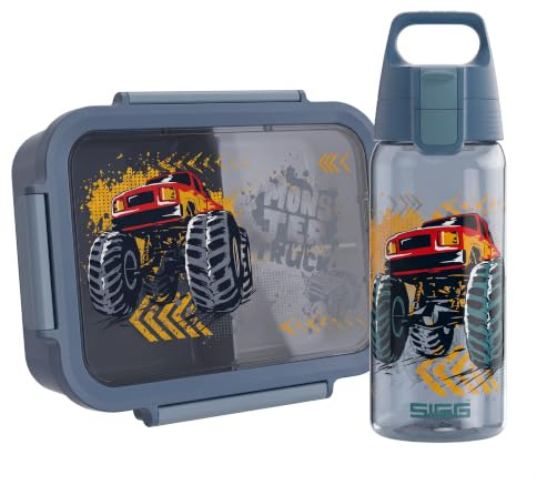 Sigg Barnset NIMO Monster Truck- vattenflaska 500 ml, matlåda 1 000 ml, blå | BPA-fri, läckagesäker matlåda med 3 fack och vattenflaska för barn med sil, diskmaskinssäker, lätt för skola och barn
