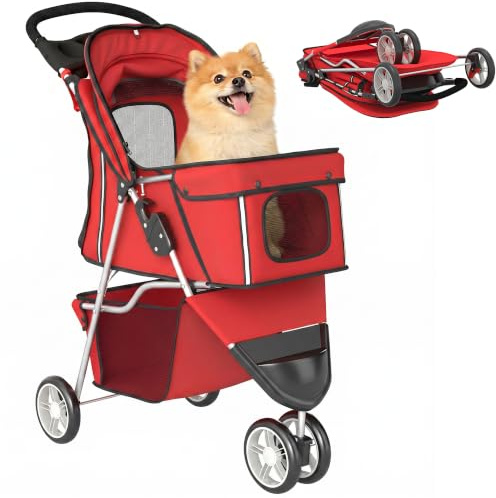 PawHut Poussette Buggy Pliable Animaux Chien Tout Terrain Rouge | Chariot Pliant Chien Chat, Panier de Rangement Inclus, Roues Avec Frein, Tissu 600D Oxford Acier, Porte-Gobelet, 75x45x97cm