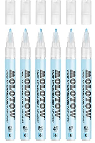 Molotow Masking Liquide Pump Marker 2 mm (Stift mit Maskierflüssigkeit, rückstandslos entfernbar, für fast alle Untergründe) blau abgetönt, 6 Stück