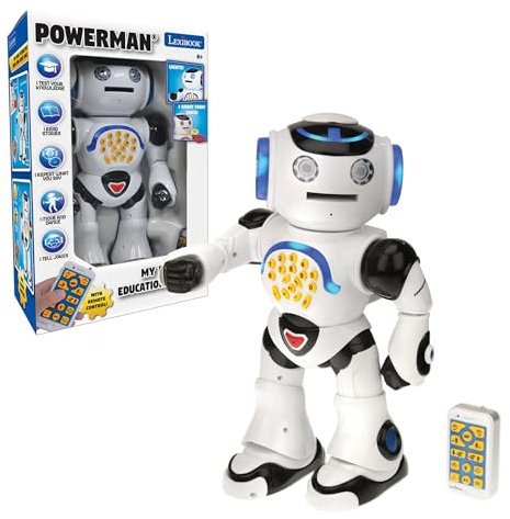 Powerman ROB50EN Remote Control Educational Robot Dance Singing Stories Maths Quiz Shooting Discs and Voice Imitation (Black/White)