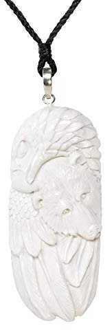 81stgeneration 925 Silver Hand-Carved Bone Bear and Eagle Spirit Totem Amulet Necklace – Natural Bone Tribal Pendant - Shamanic Talisman for Men and Women - Western Cowboy Jewellery - Cord Necklace