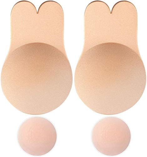 Memoryee Women's Push Up Adhesive Silicone Invisible Rabbit Bra Reusable Lifting Bra Cups Nipple Cover/Beige-1Pair/L(C/D Cup)