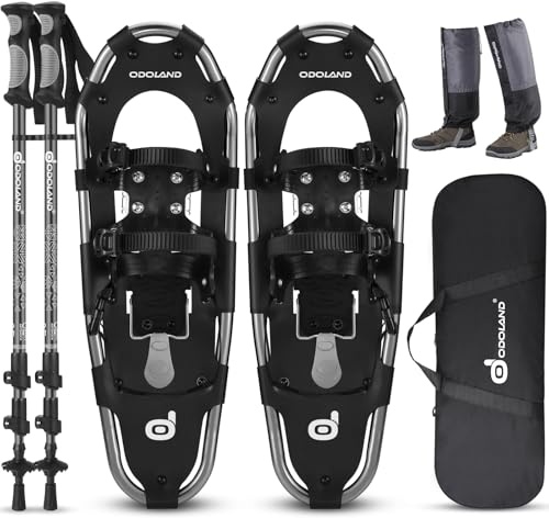 Odoland Ciaspole da Neve 4 in 1 con Alzatacco per Uomo Donna Gioventù, Racchette da Neve Set per Tutti i Terreni con Bastoncini Trekking, Ghette Gambe Impermeabile e Borsa Portatile, Nero, M