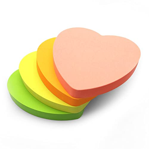 Haftnotizen Herzform, Leuchtende Farben, 76 x 76 mm, 4 Blöcken, 400 Blatt | Selbstklebende, bunte Notizblöcke im Set, je 100 Blatt, in Gelb, Rosa, Grün, Orange für Bürobedarf, Heim- und Schulbedarf