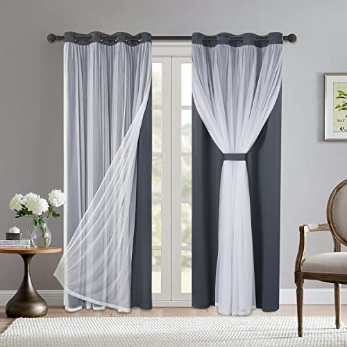 Bonzer Tende oscuranti grigie con voile trasparente bianco, a doppio strato, mix and match, tende con occhielli per soggiorno, grigio, 132 x 213 cm, set di 2 pannelli