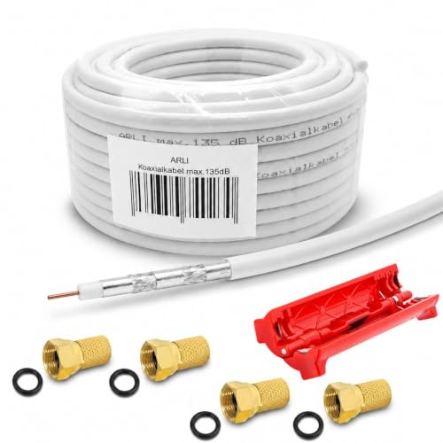 ARLI 20m Koaxialkabel max. 135 dB + 4x F-Stecker vergoldet mit Dichtring + Abisoliermesser 5-fach geschirmt Sat Antennenkabel TV Kabel Koax Kabel 75 Ohm DVB-S2 DVB-T2 DVB-C2 BK-Anlagen Satkabel HD 4K
