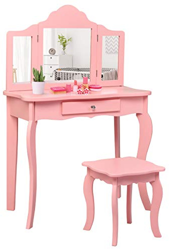 RELAX4LIFE Toeletta Trucco Bambina con Specchio e Sgabello, Centro di Bellezza, Giocattolo da Trucco, Set Tavolo da Trucco in Legno per Tesori, 70 x 34 x 103 cm (Rosso)
