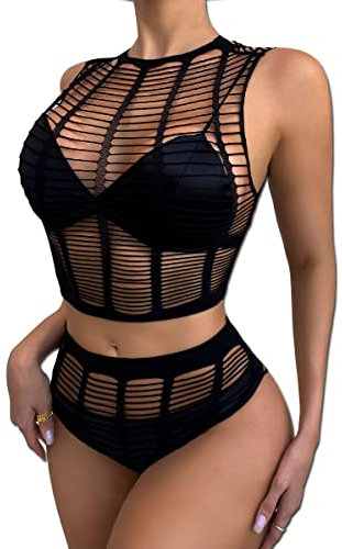 Buitifo Damen Dessous-Sets Sexy Lingerie Fischnetz Sexy Bodys Nachtwäsche(Schwarz ST,Einheitsgröße)