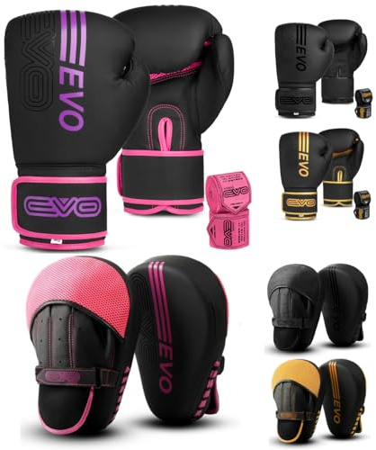EVO Fitness Matte Black Boxing Gloves and Pads Set Punching Focus Mitts Hook and Jab Hand Target Strike Shield Training Sparring MMA Martial Arts Muay Thai Kickboxing Karate Men Women (8 OZ, Pink)