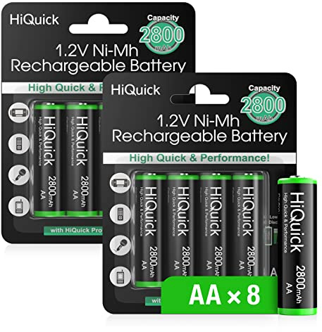 HiQuick 8 x AA Rechargeable batteries 2800 mAh NI-MH High Capacity AA Rechargeable Batteries, Pack of 8 | 1.2V Pre-charged,Recycled,Low Self Discharge,High Capacity, Retail Pacakge for Camera Flashlight Toy Clock Xbox Game Remote