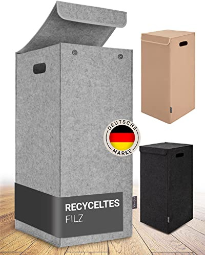 MAHEWA® Wäschekorb mit Deckel aus Filz - Großer 80 Liter Filz Wäschesammler - Raumspar Wäschesortierer faltbar - Wäschetruhe Wäschetonne Wäschesack mit Deckel (Hellgrau)