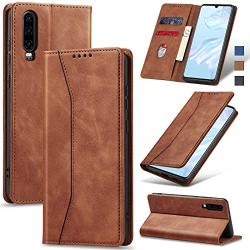 Jasonyu Funda para Huawei P30, Cuero PU Carcasa, Tipo Libro Flip Case con Tarjetas y Cartera, Soporte Plegable, Cierre magnético, Capa (Marrón)