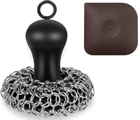 Cast Iron Cleaner Scrubber with Pan Scraper, Upgraded Chain Mail Scrubber Cast Iron Cleaning Kit, Metal Chainmail Scrubbing Sponge Scrub Brush to Clean Pan, Skillet, Grill, Dutch Oven, Wok