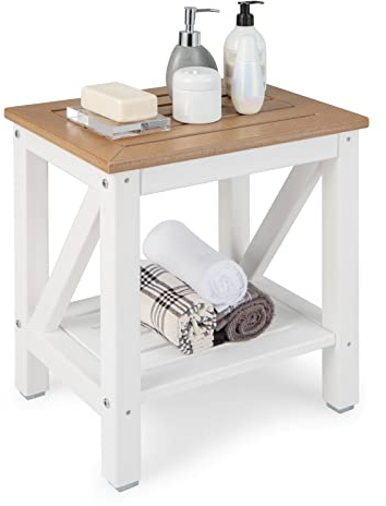 RELAX4LIFE Duschbank mit Ablage, Badhocker mit Rutschfesten Füßen, Duschstuhl bis 150 kg Belastbar, Sitzbank Wasserdicht, Badezimmerbank für Alte Schwangere, Weiß+Braun (43 x 32 x 47 cm)