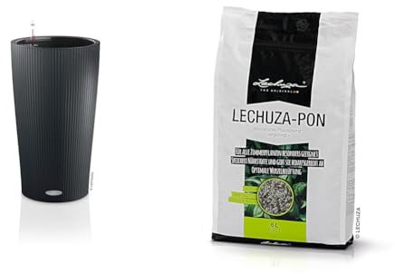 Lechuza – Pot de Fleurs d’Extérieur et d'Intérieur – Color Cilindro – Réserve d'eau Intégrée – Coloris Gris Ardoise – Ø 32 x 56 cm & Pon – Terreau Mineral Neutre – Contient de l'engrais – 6 litres