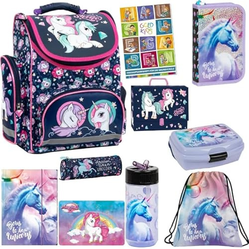 Goldkids Schulranzen Set 10er Ranzen Tornister Federmappe Turnbeutel Gummizugmappe Brotdose Trinkflasche Aufgabenheft Aktentasche Einhorn Unicorn Motiv