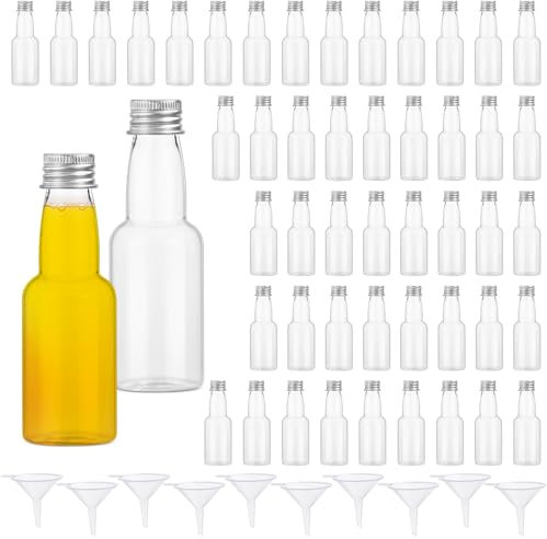 50 Pack Mini Bottles for Liquor, 60ml Small Wine Bottles Reusable Plastic Bottle Wedding Favours Airtight Empty Spirit Bottle Miniature Alcohol Jars with Screw Cap, Funnel for Weddings Parties