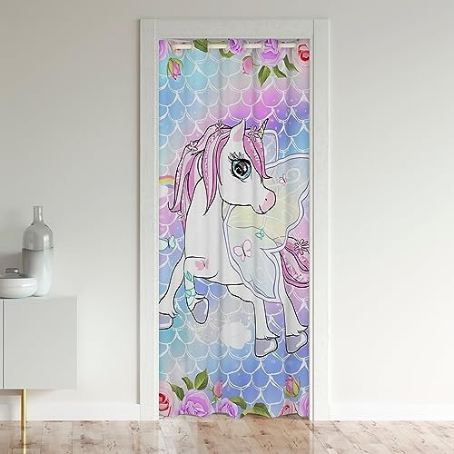 richhome Girly Einhorn Tür Vorhang für, Aquarell Verlaufsstreifen Rosa Blumen Raum Teiler Vorhang 1 Panel, 86x203, Regenbogen Waagen Träumen Kinderzimmer Vorhang