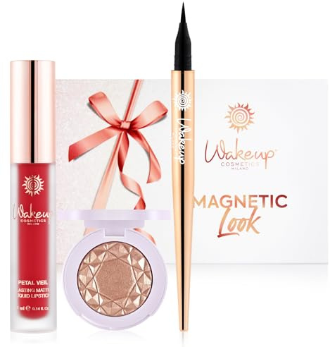 Wakeup Cosmetics - MAGNETIC LOOK - 1 langanhaltender, flüssiger Lippenstift (05 ROYAL RED) + 1 wasserfester Eyeliner (01 BLACK) + 1 Lidschatten mit metallischem oder satiniertem Finish (08 Caramel)