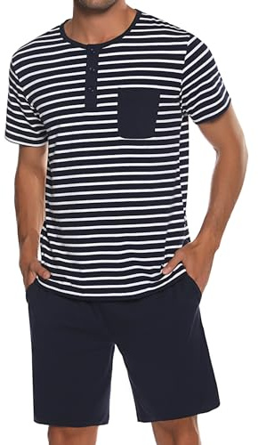 Leversic Pyjama Homme Été Ensembles de Pyjama Homme Pyjama Short Homme Pyjama Coton Homme Pyjama Court à Manches Vêtements de Détente Deux Pièces Confortable Doux Bleu L