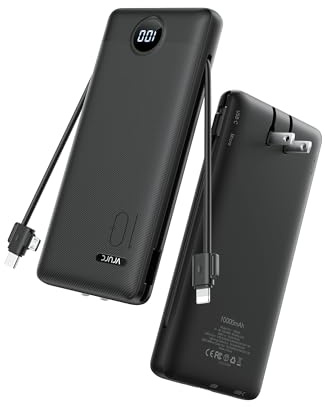 VRURC Portable Charger Power Bank - 10000mAh Fast Charging PD 20W with Wall Plug Slim Portable Charger Built in Cables USB C Portable Phone Charger Travel Accessories -Black(1 Pack)