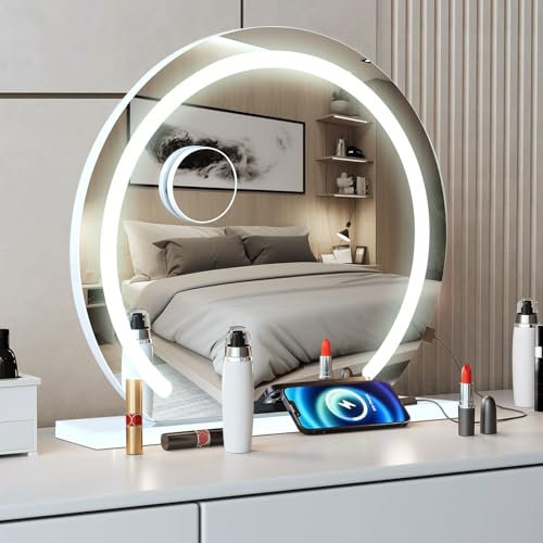 YOURLITE Hollywood Vanity Mirror with Lights, Round Lighted Makeup Mirror with Dimmable LED Lights, 3 Lighting Modes, Touch Control, USB Charging Port, for Home Bedroom Tabletop & Wall Mounted