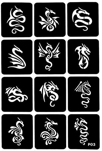 Lot de 12 pochoirs de tatouage temporaires Dragon sur une feuille P03