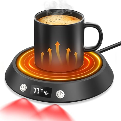 Coffee Mug Warmer Upgraded, LED Lights 3 Temperature 54-76℃ 2-9 Timer 4H Auto Shut Off, Candle Warmer Plate for Tea & Milk, Home & Office