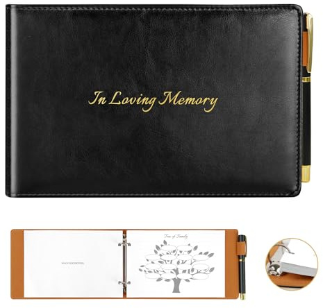 Funeral Guest Book for Memorial Service, Black Leather Celebration of Life Guest Book with Pen, 120 Pages Loose-leaf In Loving Memory Funeral Registry Sign in Book for Mourning Honoring Loved Ones
