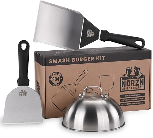 Grillspachtel Plancha Set & Burgerglocke Edelstahl 304 – Plancha Spachtel Edelstahl inkl. Burger Glocke, Grill Schaber, Grillwender, Teppanyaki, BBQ, lebensmittelecht, 10 Jahre Garantie