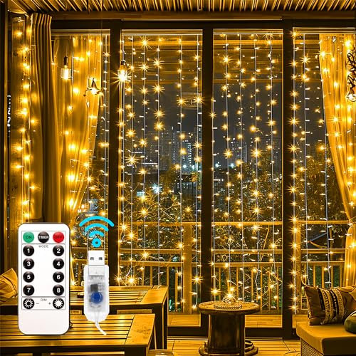 EvaStary Tenda con Catena di Luci LED, 2 x 2 m 200 LED Tenda Luminosa, 8 Modalità Tenda Luci Natale Impermeabile Cascata Luci per Esterni, Interni, Natale, Camera da Letto, Giardino (Bianco Caldo)