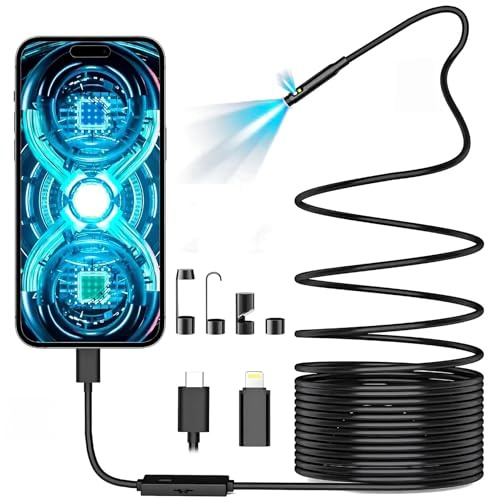 Endoskop mit 8 verstellbaren LED-Lichtern, 1920P HD, Dual-Linsen-Endoskopkamera mit Licht, 5 m halbstarr, IP67 wasserdicht, USB-Inspektionskamera für iPhone, mit LED-Stirnlampe, Gadgets für Herren