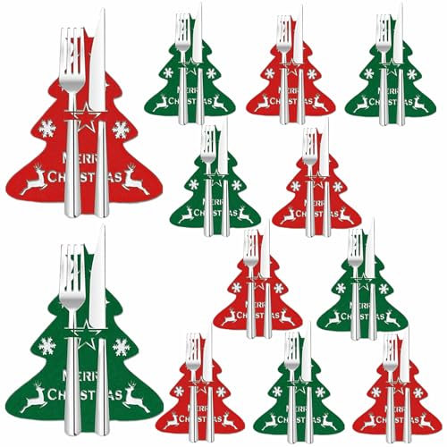 bainuote Weihnachten Bestecktasche 12 Stück Besteckhalter Weihnachten Filz Weihnachtsbaum Besteckbeutel Tischdeko für Für Gabeln Löffel ( Rot + Grün )