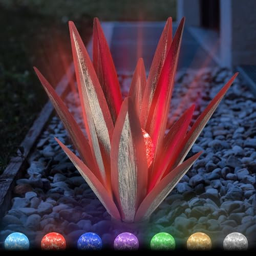 Plantes d'agave rustiques en métal de 55 cm, décoration d'extérieur à énergie solaire, sculpture rustique, parfaite pour extérieur, cour, pelouse et jardin, cactus en métal accrocheur (rouge, taille