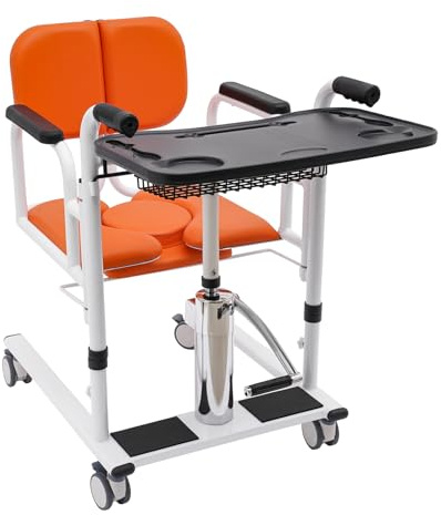 OUKANING Toilettenstuhl mit Rollen - Transportrollstuhl Höhenverstellbar Duschstuhl mit Bremsen Hydraulischer Patientenlift 150 kg Belastbar Transferhilfe für Senioren Behinderte (Orange)