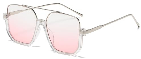 Long Keeper Retro Oversize Pilot Sunglasses for Women Men Square Aviation Sun Glasses Semi-Rimless Trendy 70s Pilot Shades (Silver Clear Frame - Gradient Pink Lens)