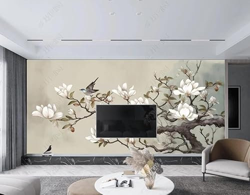 Papier Peint Intissé Fleurs Et Oiseaux De Magnolia Dessinés À La Main Poster Tableaux Muraux Tapisserie Photo Trompe L'Oeil Salon Chambre Art Mural 200Cm(L) X140Cm(H)