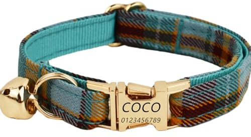 Katzenhalsband Haustierhalsband mit individueller Gravur, personalisiertes Katzen Halsband mit Sicherheitsverschluss, individuelle Halsbänder mit Glöckchen für Katzenjungen mädchen (Grünes Gitter,S)