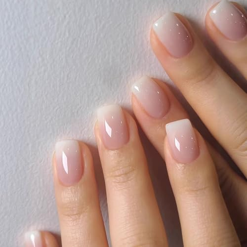 KQueenest Ombre Press on Nails Short Square, French Tip False Nails Short Coffin, Gradient Pink Fake Nails Press ons, Perfectly Fit, Reusable Gel Stick on Nail for Women Daily Wear 24 Pcs