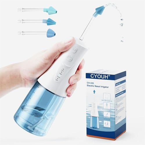 CYOUH Nasal Irrigation System - Electric Neti Pot Sinus Rinse Machine for Nasal Care, Neti Pot 300 ml, with 3 Nasal Tips, 4 Modes, Suitable for Adult Nasal Wash（Sea Blue）