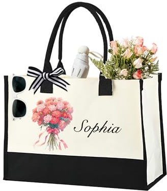 Personalisierte Canvas Tragetasche für Frauen - Blumenstickerei Tragetasche, benutzerdefinierte Name Initial Strandtasche, Geschenk für Mama, Lehrer, bester Freund, Brautjungfer, Hochzeitsgeschenk