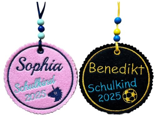 Generisch Personalisierter Anhänger für Schultüte | mit Name des Kindes hochwertig Bestickt | zum Befestigen an der Schultüte Einschulung 2026 Schulranzen | Button Zubehör
