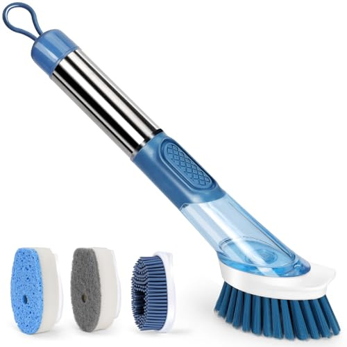 OZD Dish Brush with Soap Dispenser, Washing Up Brush with Liquid Dispenser Set, 4 Multi-Scrub Heads, Kitchen Cleaning Tool for Dishes Pot Pan Sink