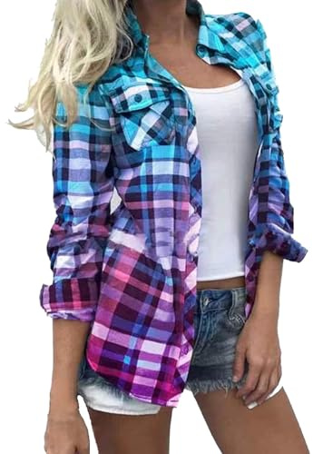 Bunt Kariertes Hemd Langarmshirt Damen Oversize, Casual Plaid Shirt | Langarmhemden Vintage Oberteile Mode Lange Ärmel Strickjacke Mit Vielen Taschen Bluse Revers Tops Longshirt
