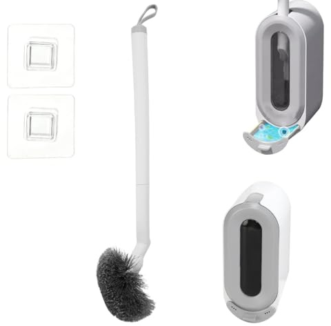 Escobilla Baño Pared sin Taladro de Nailon Alta Densidad Escobillero Suspendido Adhesivo Escobilla WC Plástico Gris Blanco Cerdas Anti Deformación con Tapa Automática Higiénicas, Mango Largo 49cm